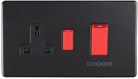 45Amp DP Cooker Switch With 13Amp Socket Flat Concealed Matt Black Plate Red Rockers
