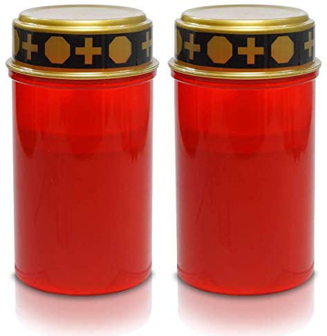 2x LED Grabkerze Grableuchte Dauerbrenner mit realistischem Flackereffekt - 12cm hohe 7cm runde rote Friedhofskerze Batteriebetrieb lang leuchtende Grablaterne Gedenkkerze für jedes Wetter (2 Kerzen)
