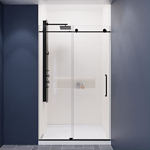ANZZI 76 x 48 Frameless Shower Door, Matte Black, Madam Complete Shower Kit, Water Repellent Sliding Glass Panel + Bottom Seal Strip Parts + Easy Glide Rollers (SD-AZ13-01MB)