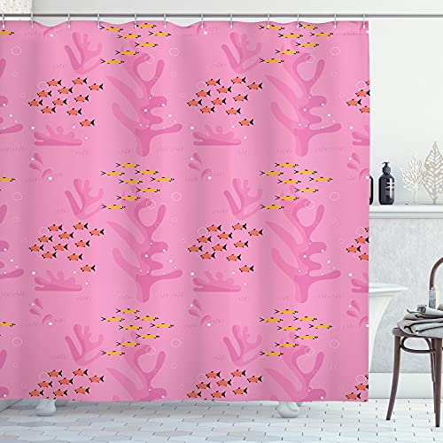 ABAKUHAUS Marine Duschvorhang, Sea Life Fische und Korallen, Stoffliches Gewebe Badezimmerdekorationsset mit Haken, 175 x 180 cm, Rosa Senf orange