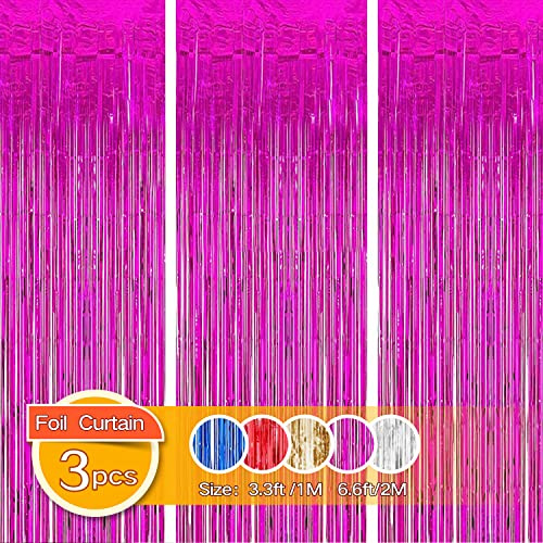 Gulaey Foil Fringe Curtain 1m x 2m, 3 Packs Metallic Tinsel Curtain Birthday Decorations, Foil Curtain for Birthday Graduation Wedding Engagement Bridal Shower Bachelorette Holiday Party（Rose Red）