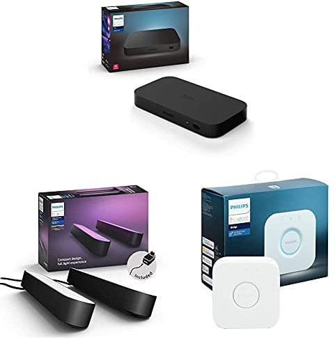 Philips Hue Play HDMI Sync Box and Smart Light Play Bar Double Pack Kit [Black] + Hue Bridge. Sync with Gaming, Entertainment and Music. Works with Alexa and Voice Control