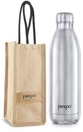 PEXPO Electro 24 Hrs Hot & Cold Vacuum Flask with Jute Bag | Stainless Steel Water Bottle 50 oz | 1500 ml Silver | Insulated | Office Bottle | Workout | Travelling | Home