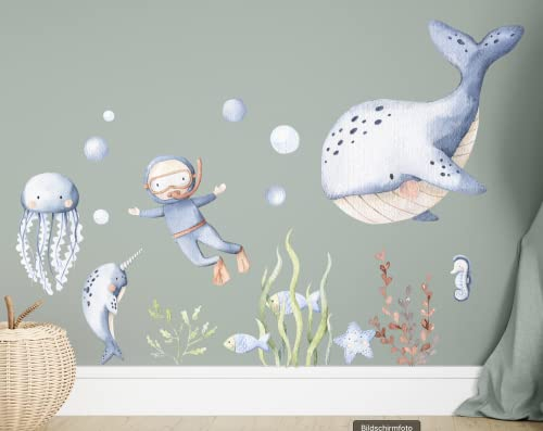 Wandtattoo Kinderzimmer unter dem Meer Aquarell Unterwasser Tiere Pflanzen Taucher Watercolor K1804 (42cm(B) x60cm(H))
