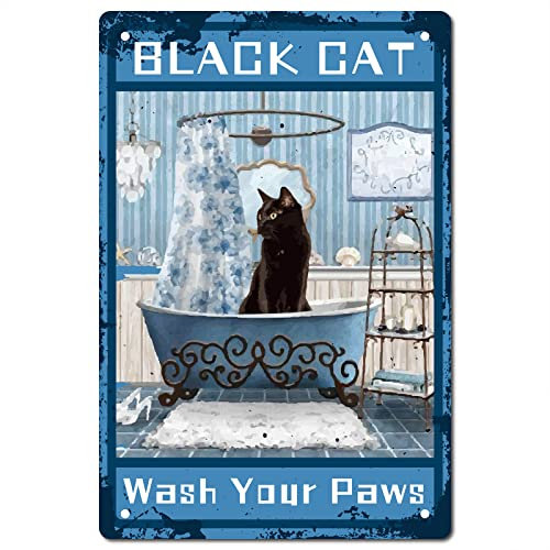 CREATCABIN Funny Black Cats Tin Sign Wash Your Paws Signs Vintage Wall Art Decoration Plaque Farmhouse for Bathroom Home Garden Decor Garage Bar Pub Cafe Halloween 8 x 12 inch