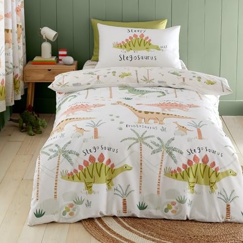 Catherine Lansfield Sleepy Dino Reversible Single Duvet Cover Set with Pillowcase, Green
