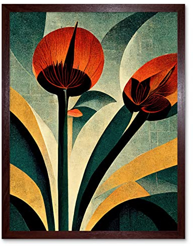Wee Blue Coo Single Art Deco Flower Painting Coral Navy Green Beige Art Print Framed Poster Wall Decor 12x16 inch