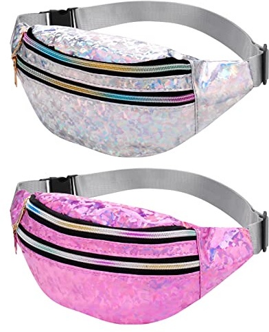 Smilcloud Lot de 2 sacs banane holographiques brillants, imperméables, fluo, pour festival, rave, pour femmes, filles, voyage, fête, sport, course à pied, randonnée (rose), rose, Taille unique