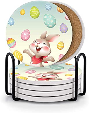 HUXJOKO Untersetzer für Getränke, 6er-Set, Smiley Bunny Happy Easter, saugfähiger Keramik-Untersetzer, runde Steinmatte, Heimdekoration, Einweihungsgeschenke