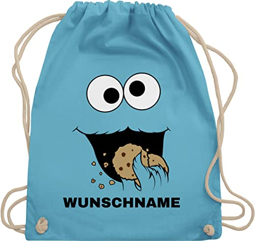 Turnbeutel Rucksack - Karneval Accessoire Fasching - Keks Monster Kostüm mit Name I Krümelmonster I Cookie Monster I Keksmonster - Unisize - Hellblau - monsterbeutel karnevals kekse beutel
