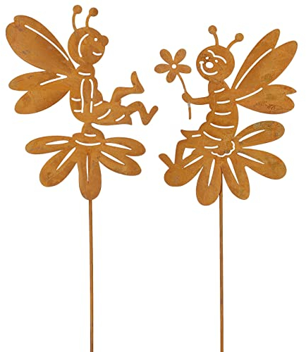 B2S BACK2SEASON Metall Stecker Bienen am Stab mit Blume Rost Rostfigur Gartenstecker Dekoration H= ca. 36 cm 2er Set
