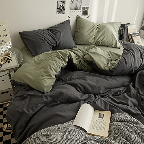 Lanqinglv Bettwäsche Set 200x220cm Dunkelgrau Grün Uni Einfarbig Wende Bettwäscheset aus Mikrofaser,Doppelbett Bettbezug und 2 Kissenbezüge 80x80cm mit Reißverschluss