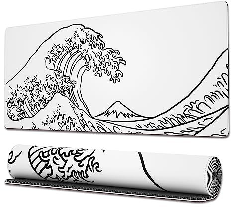 Ovenbird Gaming Mouse Pad with Stitched Edges, Japanese Wave White Mouse Pad, Extended XL Mousepad with Anti-Slip Base, Cool Large Mouse Pad for Desk, 31.5 x 11.8 in, White, OB-MP-E-17-A