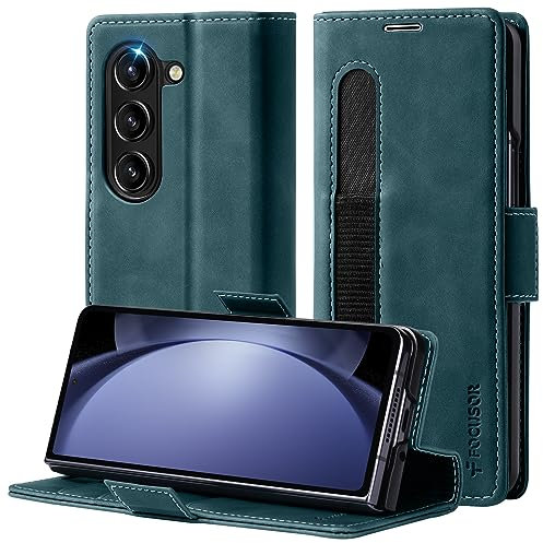 Focusor Coque pour Samsung Galaxy Z Fold 5 avec Porte S-Pen, Housse PU Magnétique Flip Portefeuille, Emplacement Carte [RFID], Etui Premium en Cuir Antichoc, Bleu