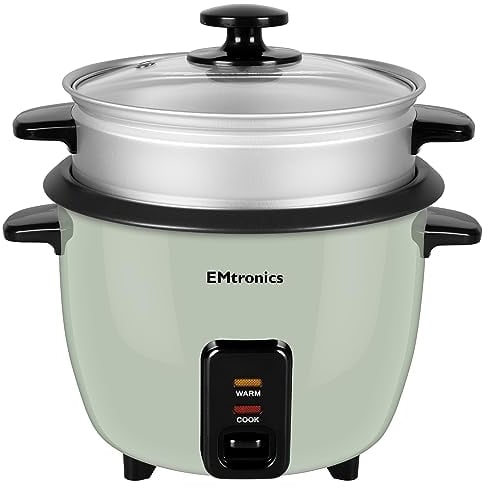 EMtronics EMRCDSSG1 Rice Cooker 1 Litre with Automatic Cooking, Steamer Tray and Warmer Function with Removable Non-Stick Bowl, Measuring Cup and Spatula 400W - Sage Green
