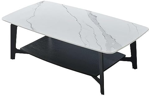Casa Vital Coffee Table BELINKA, White, 130x70x45 cm, Living Room Furniture, sintered Stone Table top, White Marble Pattern, one MDF Shelf, Metal Base, 30 kg max. Load