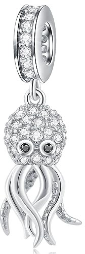 Funkelnde Oktopus Anhänger Charms passen Pandora Ozean Armband, 925 Sterling Silber Schwimmen Tintenfisch Meer Leben Anhänger Perle mit CZ schwarzes Auge, Geschenke für Tochter/Tierliebhaber/Reisen