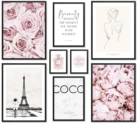 ARTFAVES® Poster Set - COCO ROSE - mehrteilige Wanddeko Wohnzimmer & Schlafzimmer - 8 moderne Wandbilder Rose, Fashion, rosa, Glamour, Blumen, Paris - mit Rahmen Schwarz