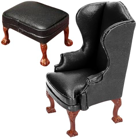 Dorccsi Puppenhaus-Couch Mit Fußschemel - Maßstab 1:12 Einzelnes Sofa Stuhl Holz Miniatur Vintage-Zubehör Für Haus Zimmer Szene Schwarz