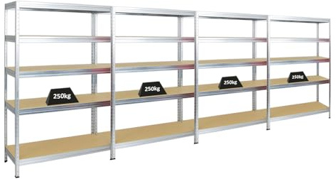 PROREGAL Mega Deal 4er-Set Schwerlastregal Rivet | HxBxT 180x120x45cm | Fachlast 250kg | Verzinkt | Innovatives Stecksystem, Verzinkt, Garagenregal, Lagerregal, Kellerregal