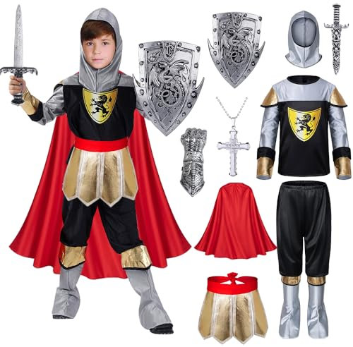 TOLOYE Costume Cavaliere Bambino, Costume Cavaliere Medievale con Casque Épée Bouclier Cape, Costume Carnevale Cavaliere, Regalo per Bambino, Costume Cavaliere Bambino per Compleanno Cosplay (XL)