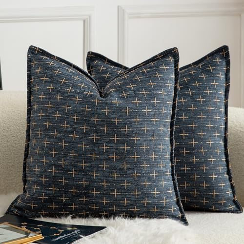 Mandioo 2er Set Kissenbezug Hanftuch Weben Textur Modern Bauernhaus Kissenbezüge Kissenhülle Dekorieren Zierkissenbezug Sie Wohnzimmer Sofa Schlafzimmer Bett 45x45cm Tiefblau