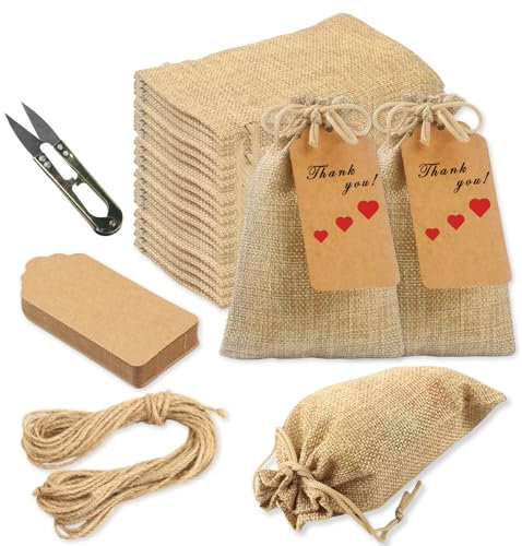 FIHODONE 32 PCS Pochon Tissu Avec 32 Étiquettes et 10m de Ficelle,Ciseaux,Sac Toile de Jute pour Mariages,Sac de Toile de Jute Réutilisables, Bricolage,Pochette Tissu pour Baptême