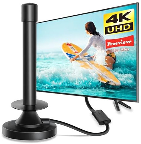 QZUAUKU TV Aerial - Digital TV Antenna Indoor, 250+ Miles Long Range, Amplified HD, Supports 4K 1080P Local TV Channels, Includes Booster & 16.3 ft Coax Cable