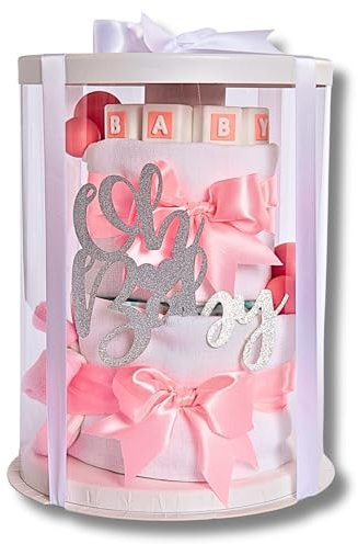limely©, Windeltorte, Geschenk zur Geburt – Premium Geschenkset mit 16 Pampers Windeln, Bio Mullwindeln, Baby Söckchen, Grußkarte & Geschenkverpackung – Tolles Geschenk für Babyparty (Rosa)