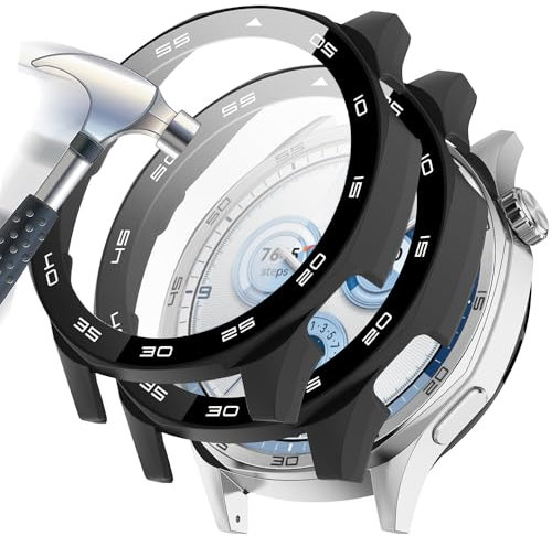 Acadeny Custodia rigida compatibile con Huawei watch GT5 46mm con pellicola protettiva,9H Durezza Hart PC Case sottile in vetro temperato per Smart, Nero+Nero