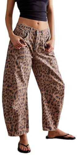 Y2k Jean baggy boyfriend à imprimé léopard pour femme, coupe ample, taille moyenne, en denim, motif fer à cheval, marron foncé, XL