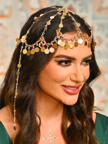 Fashband Goldfarbene Kopfkette mit Paillettenquaste, Stirnband, Festival-Kostüm-Party, Kopfbedeckung, Haar-Accessoires für Frauen