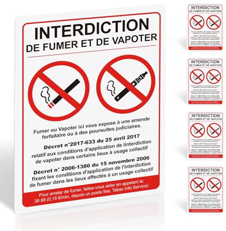 Lot de 5 - Interdiction de fumer et vapoter, Autocollant en vinyle auto-adhésif, impression UV, finition mate, 200x150 mm