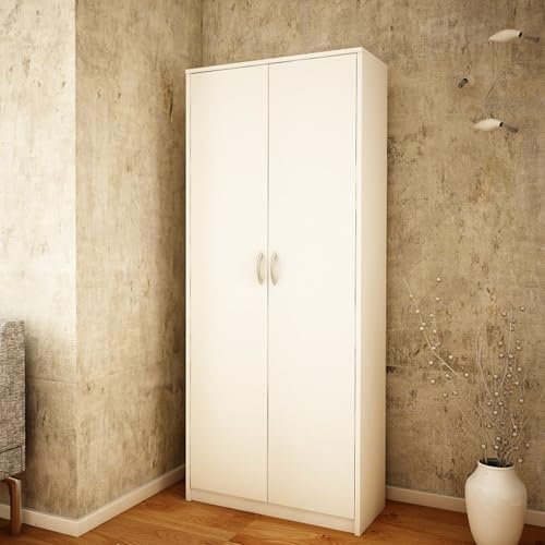 Home Collective Mehrzweckschrank mit 8 Fächern Besenschrank Haushaltsschrank in mattem Finish mit 6 Einlegeböden und 2 Türen, 74 cm breit aus Laminatplatte und hochwertigen Polymergriffen Weiß