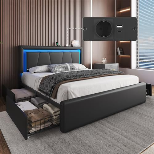 Polsterbett 140x200 mit 4 Schubladen, Bett mit LED & Ladestation, Schwarz | Modern Bettgestell 140x200 cm mit Verstellbarem Kopfteil, Metallbett Doppelbett mit lattenrost, Kunstleder, Einfache Montage