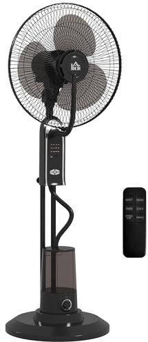 HOMCOM Ventilador Nebulizador Ventilador de Pie con Agua Oscilante 75 W Temporizador Tanque 3,2L Mando a Distancia 3 Velocidades 3 Aspas y Pantalla LED Ø44,5 cm Negro