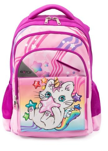 Go Pop - Zaino Modello Meowcorn, 3 Scomparti,Tasche Interne E Laterali Porta Borraccia, Schienale E Spallacci Imbottiti, Con Fascia Personalizzata E Pop Up, Lt 24, Dim 32x44x19, Scuola Elementare
