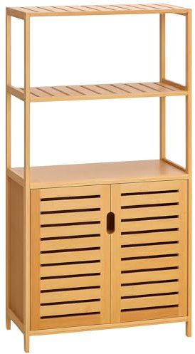 kleankin Meuble Salle de Bain en Bambou, Armoire Salle de Bain sur Pied avec 2 étagères Ouvertes et Double Porte à Lattes, Meuble de Rangement pour Salon, Chambre, Toilette, 60 x 30 x 120 cm, Naturel