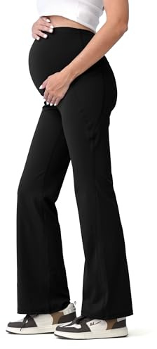 SUNNYBUY Legging de grossesse pour femme enceinte - Pantalon de yoga opaque - Pantalon de grossesse Bootcut au-dessus du ventre - Legging taille haute avec poches, Noir , M petite