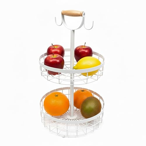 Relaxdays Obstkorb Etagere 2-stöckig, Obstschale für die Küche, moderner Metallkorb für Obst und Gemüse, Metall, weiß