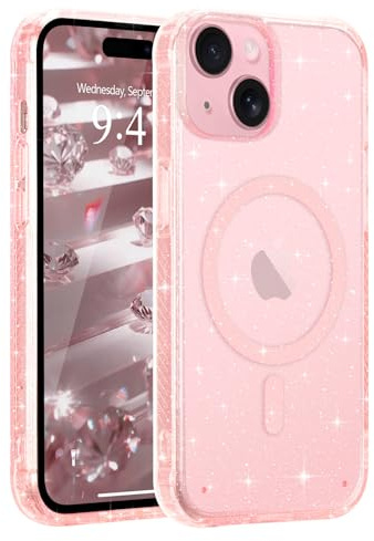 Micoden Klar Glitzer Handyhülle für iPhone 15 Transparent Glitzernd Hülle PC Rückseite + Silikon TPU Bumper Slim Case Bling Stoßfest Schutzhülle,kompatibel mit MagSafe, Rosa