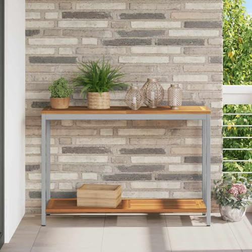 Teenpull Konsolentisch Outdoor Akazienholz, Grau Stahlbeine, 110x35x75cm, Wetterfest, mit Regal, Gartentisch für Terrasse, Balkon, Essbereich