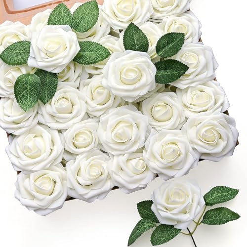 MEIRRAI Künstliche Rosen, 50 Stück Schaumrosen mit Stielen, Elfenbeinweiß | Kunstrosen Deko Blumen Fake Rosen für DIY Hochzeitsfeier, Valentinstag, Muttertag, Babyparty, Zuhause Dekoration