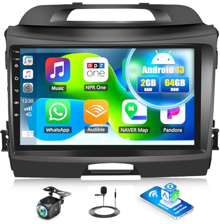 CAMECHO 2+64G Android 13 Autoradio para Kia Sportage 2010-2016 con 9 Pulgadas Pantalla Táctil con Cámara Trasera HD, RDS FM Radio Bluetooth con GPS WiFi Inalámbrico Carplay Android Auto Mirror Link