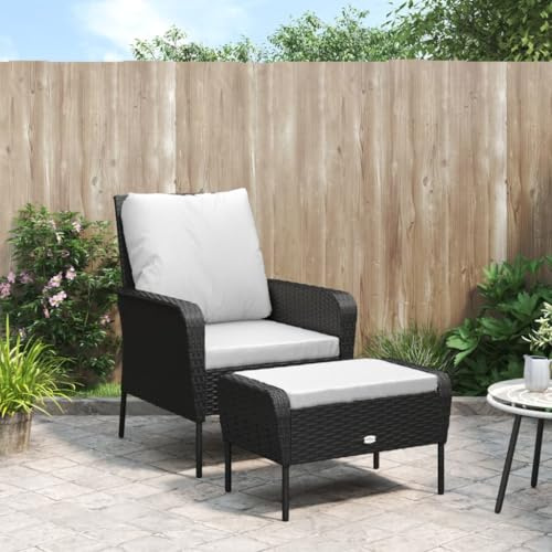 Fangmaliuyun Chaise de jardin avec repose-pieds - Noir - 69 x 78 x 88 cm - Cadre en acier en rotin synthétique - Charge maximale : 110 kg - Rembourrage blanc crème - Pour terrasse, balcon, camping