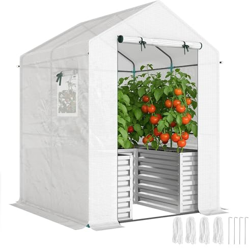 Outsunny Tomatengewächshaus mit Hochbeet Rolltor 141 x 141 x 190 cm Weiß