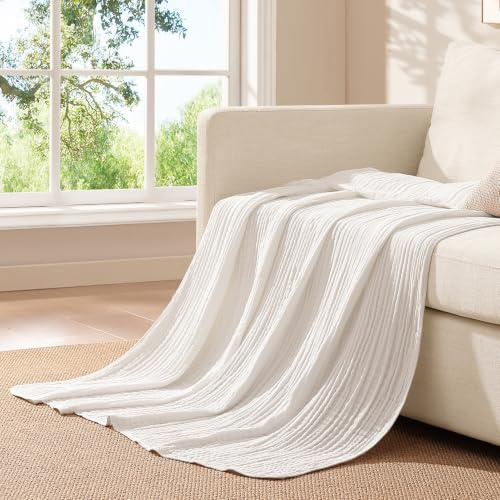 Topfinel Cozy Sommer Decke,100% Baumwolle Kuscheldecke,Dekorative Tagesdecke und WohndeckeFur Musselin Decke 150x200 cm Weiß Blanket,Atmungsaktive tragbare Decke für alle Jahreszeiten