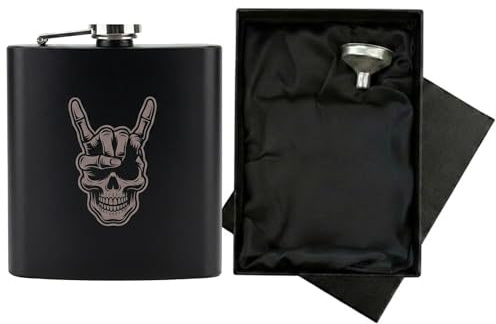 Engraved Rocker Skull Hip Flask Gift Set | Includes Luxury Silk Lined Box & Filling Funnel | Matte Black Heavy Metal Tattoo Spirit Flask | Birthday & Father's Day Present for Him