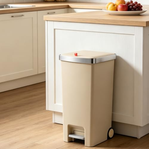 45L Kitchen Bin with Wheels & Soft Close Lid for Home, Workshop, Patio | Step On Pedal Plastic Rubbish Bin for Kitchen Recycling, Large Foot Step Waste Dustbin with Liner Lock, Easy Mobility