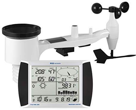 Stazione meteo radio PCE-FWS 20N con sensori esterni per direzione del vento, velocità del vento, temperatura, umidità relativa, quantità di pioggia, interfaccia USB, software di analisi, pannello